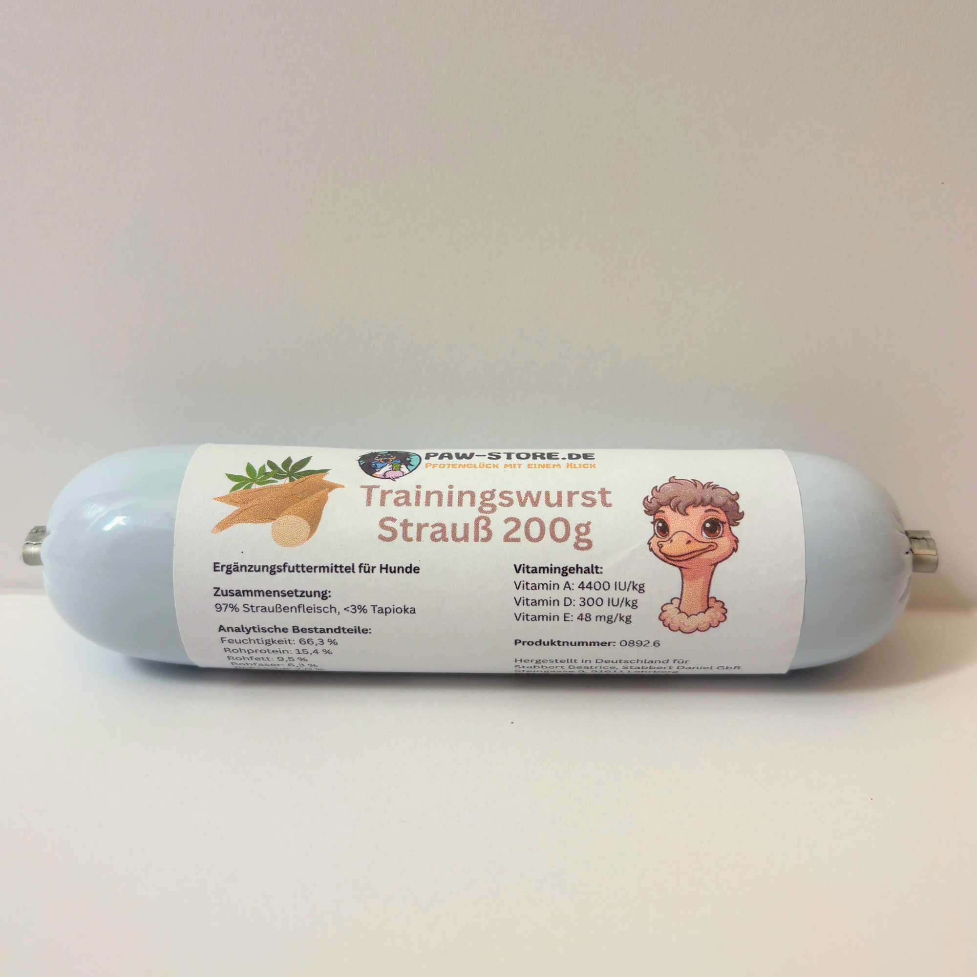 Schnittfeste Trainingswurst Strauß 200g als hypoallergener Hundesnack von Paw-Store