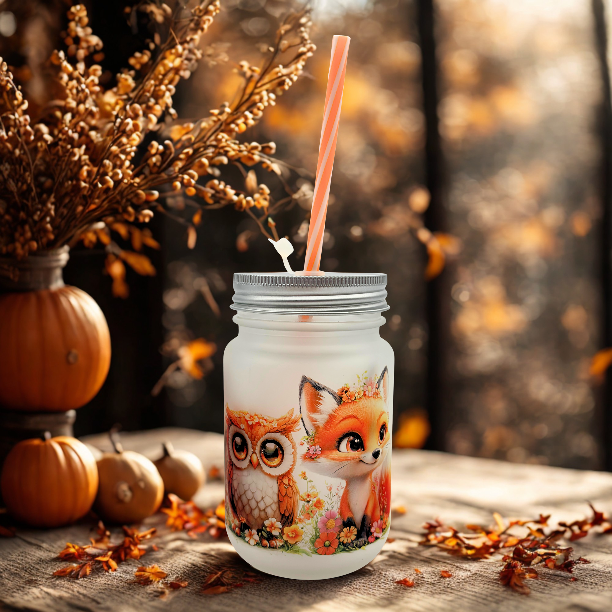 Henkelglas mit Trinkhalm Herbst/Halloween Motive ca. 400ml