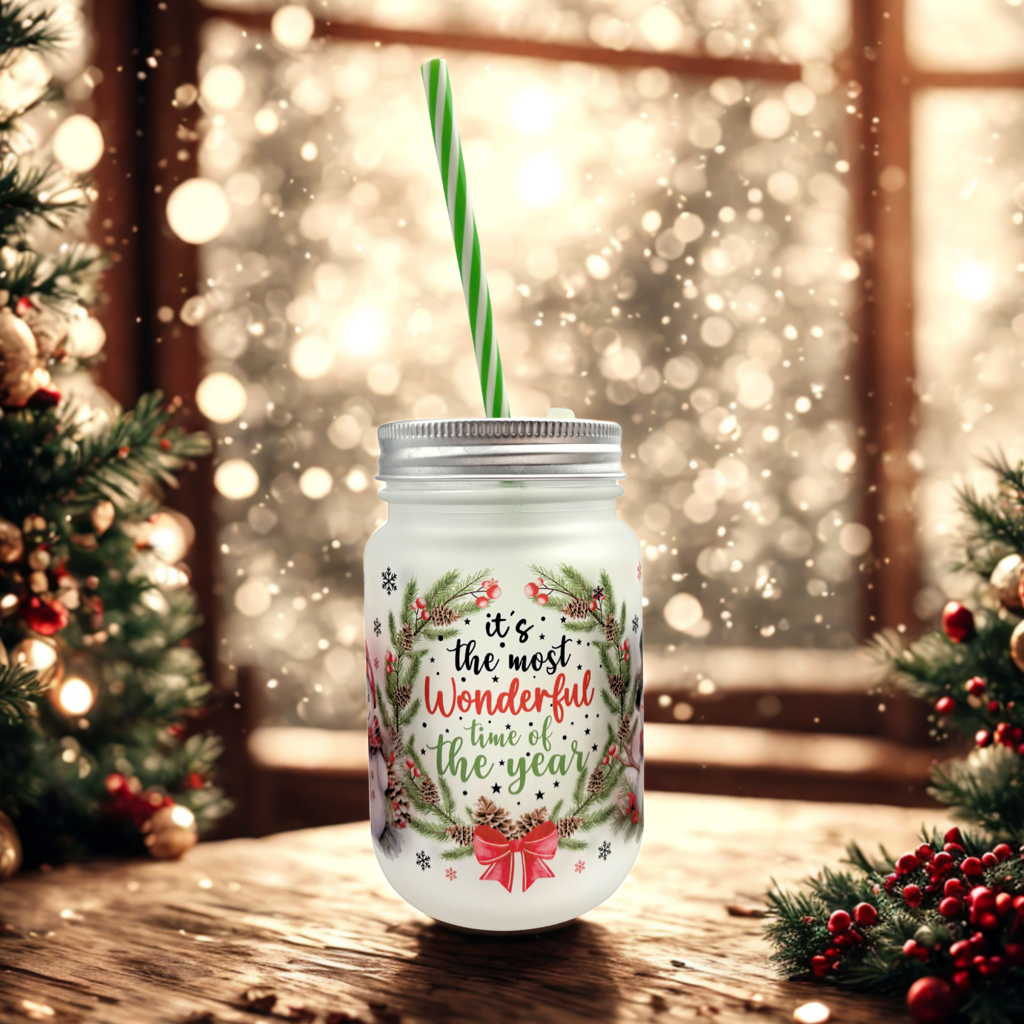 Henkelglas mit Trinkhalm Weihnachts Motive ca. 400ml 