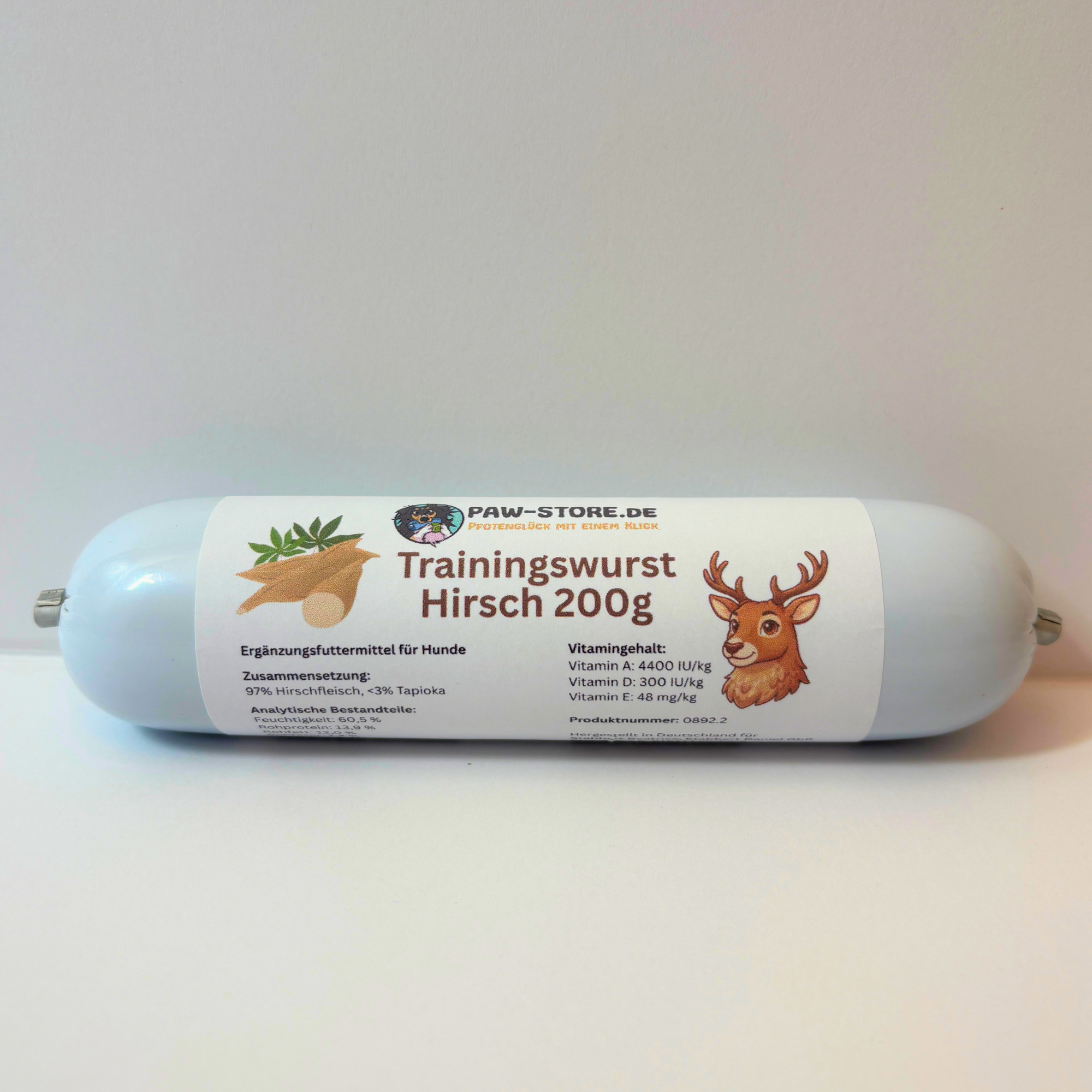 Schnittfeste Trainingswurst Hirsch 200g als hypoallergener Hundesnack von Paw-Store