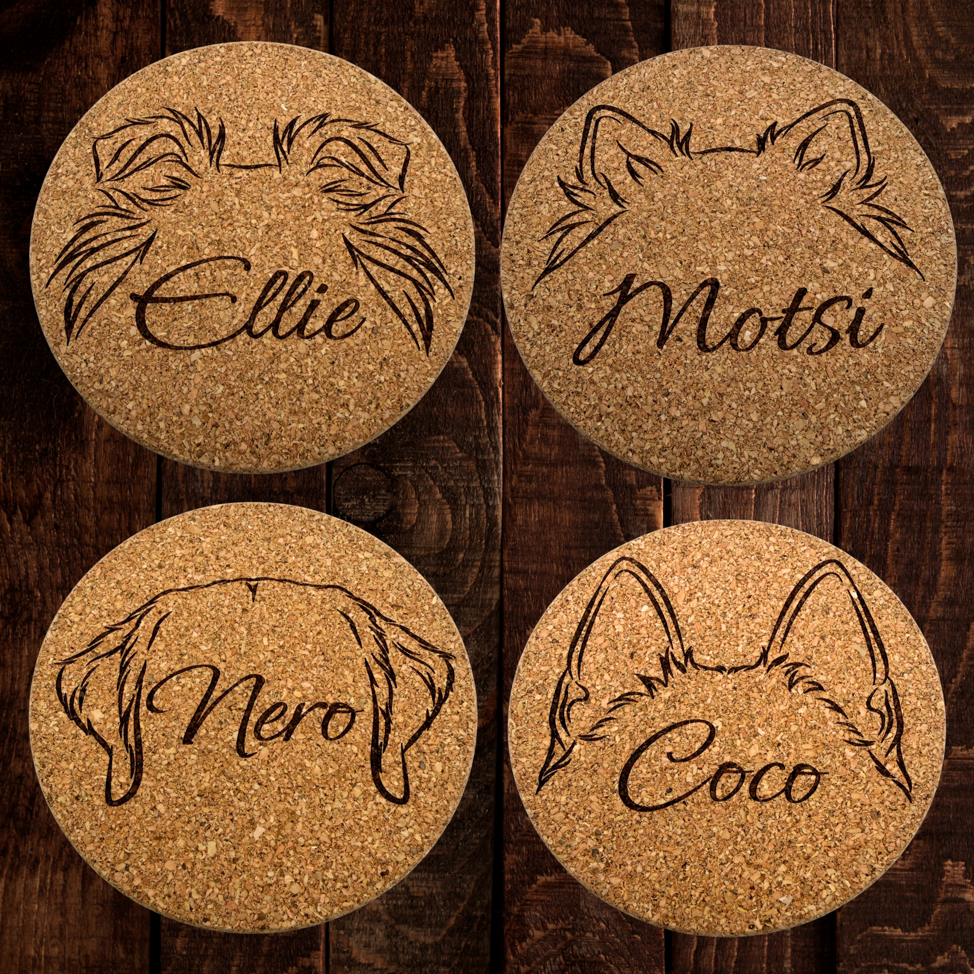 Kork Untersetzer mit Ohrenzeichnung graviert