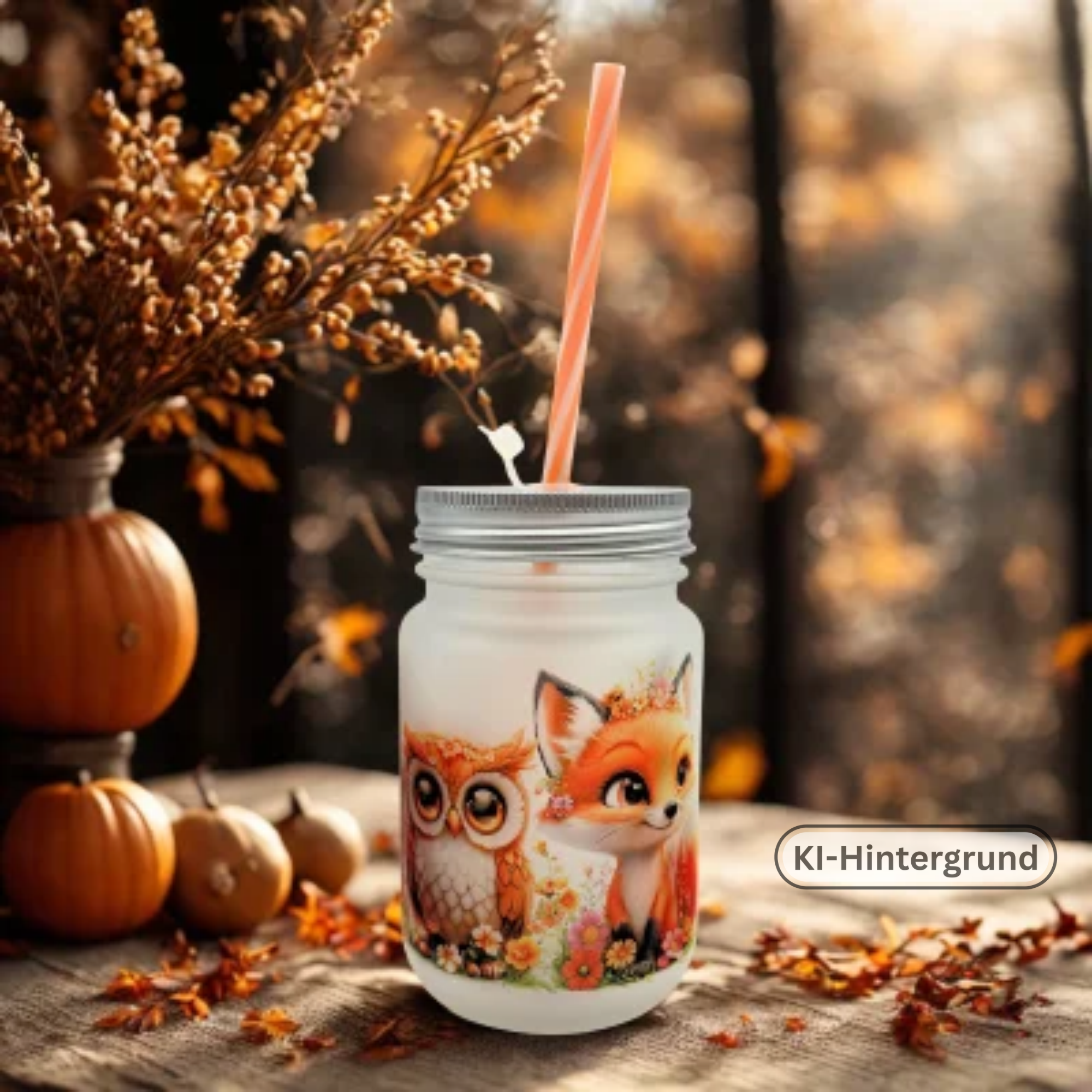 Custom Halloween & Autumn Mason Jar Mug with Straw approx. 400ml